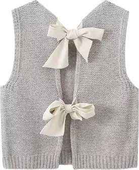 Lianlive Sweater Vest Top for Women Casual Crop Knit Cardigan Vest Bow Tie Back Knitted Tank Tops