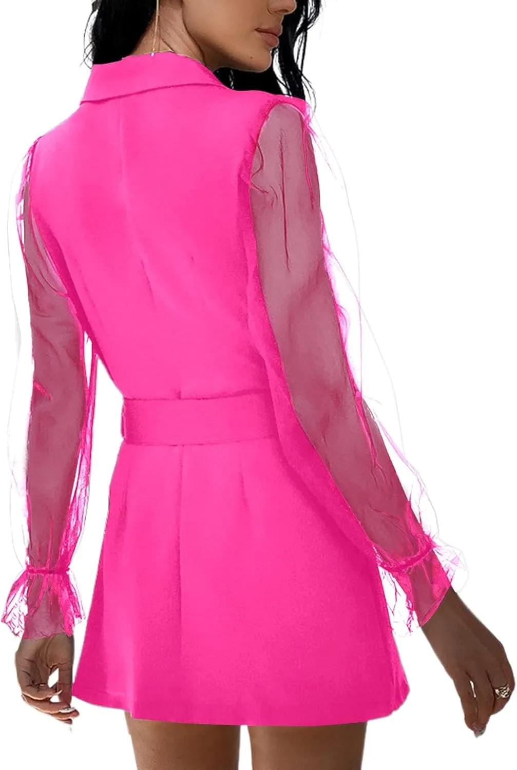 LYANER Women's Elegant Collar V Neck Lace Long Sleeve Blazer Mini Dress with Belt