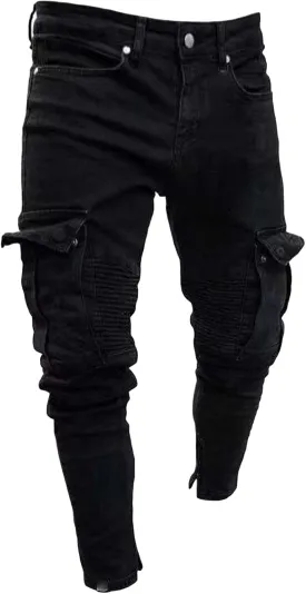 Maiyifu-GJ Men's Distressed Moto Biker Jeans Ripped Punk Gothic Zipper Denim Pants Hip hop Tapered Leg Slim Fit Jean