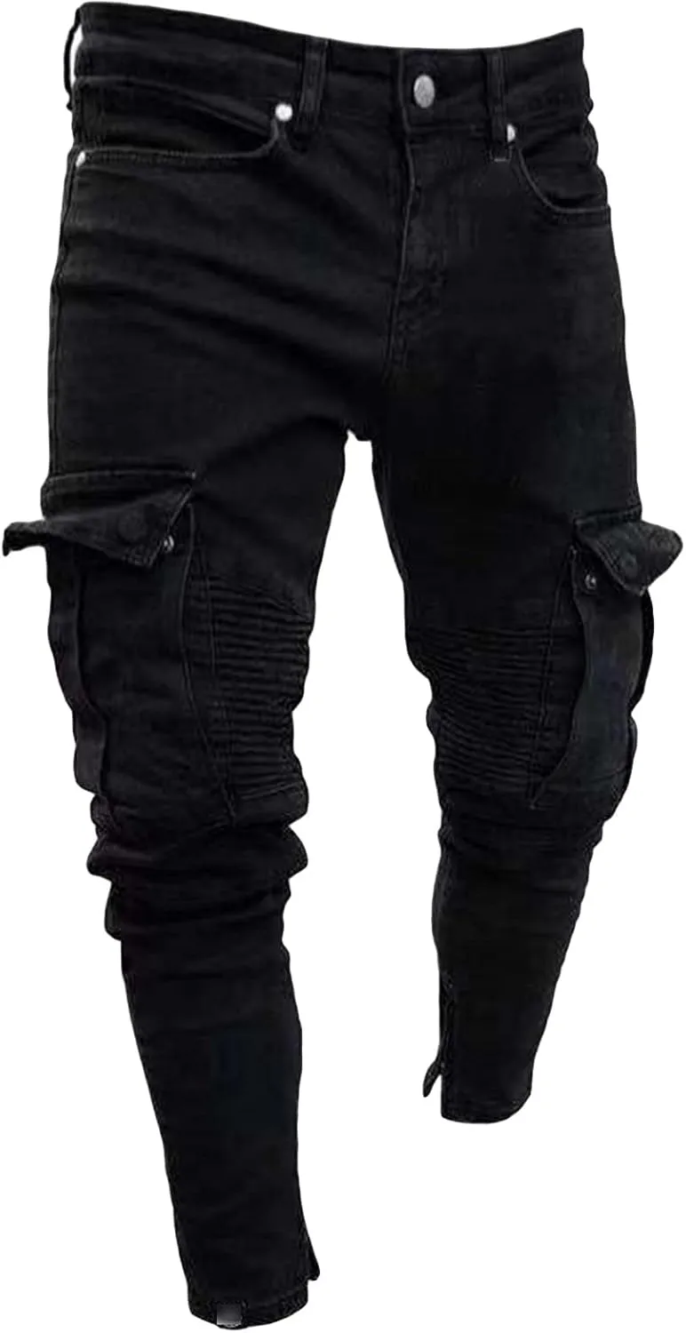 Maiyifu-GJ Men's Distressed Moto Biker Jeans Ripped Punk Gothic Zipper Denim Pants Hip hop Tapered Leg Slim Fit Jean