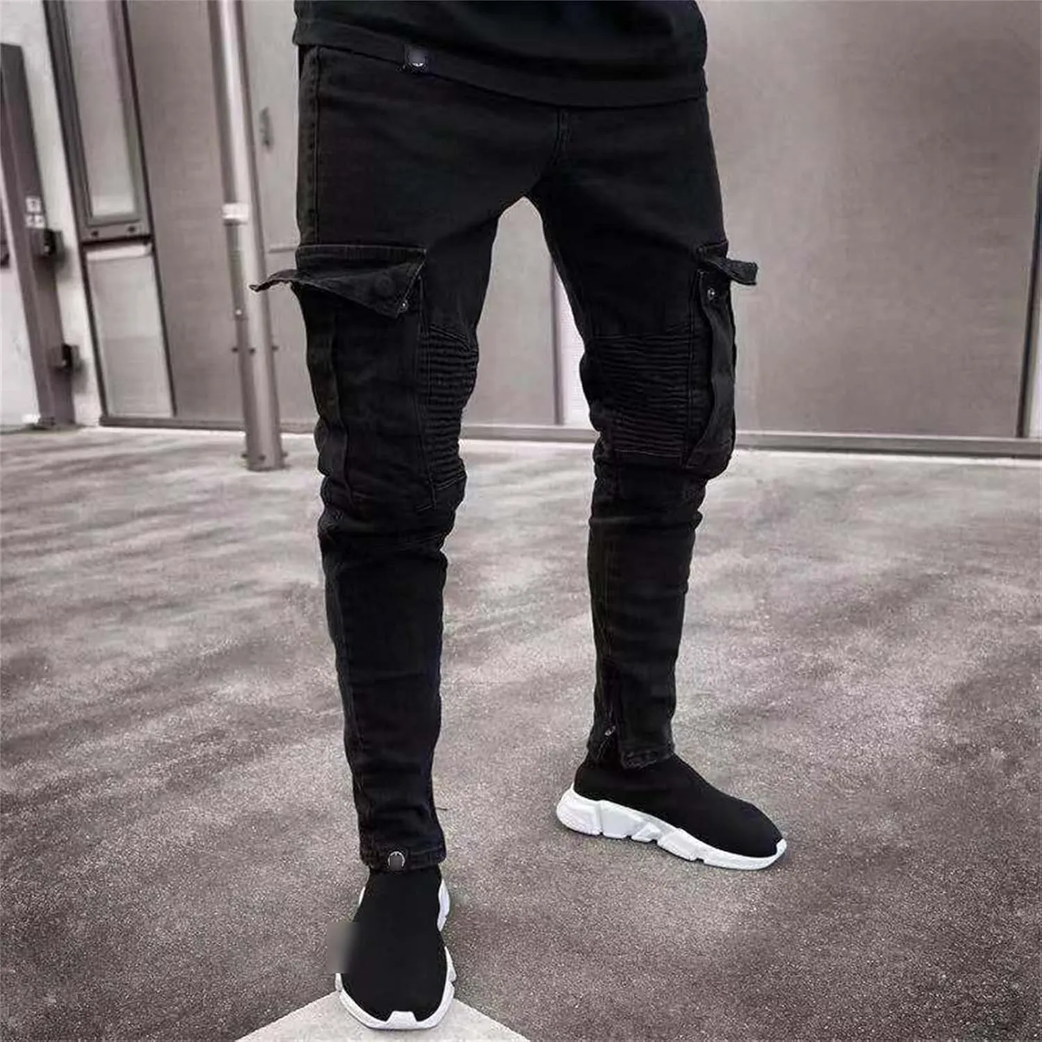 Maiyifu-GJ Men's Distressed Moto Biker Jeans Ripped Punk Gothic Zipper Denim Pants Hip hop Tapered Leg Slim Fit Jean