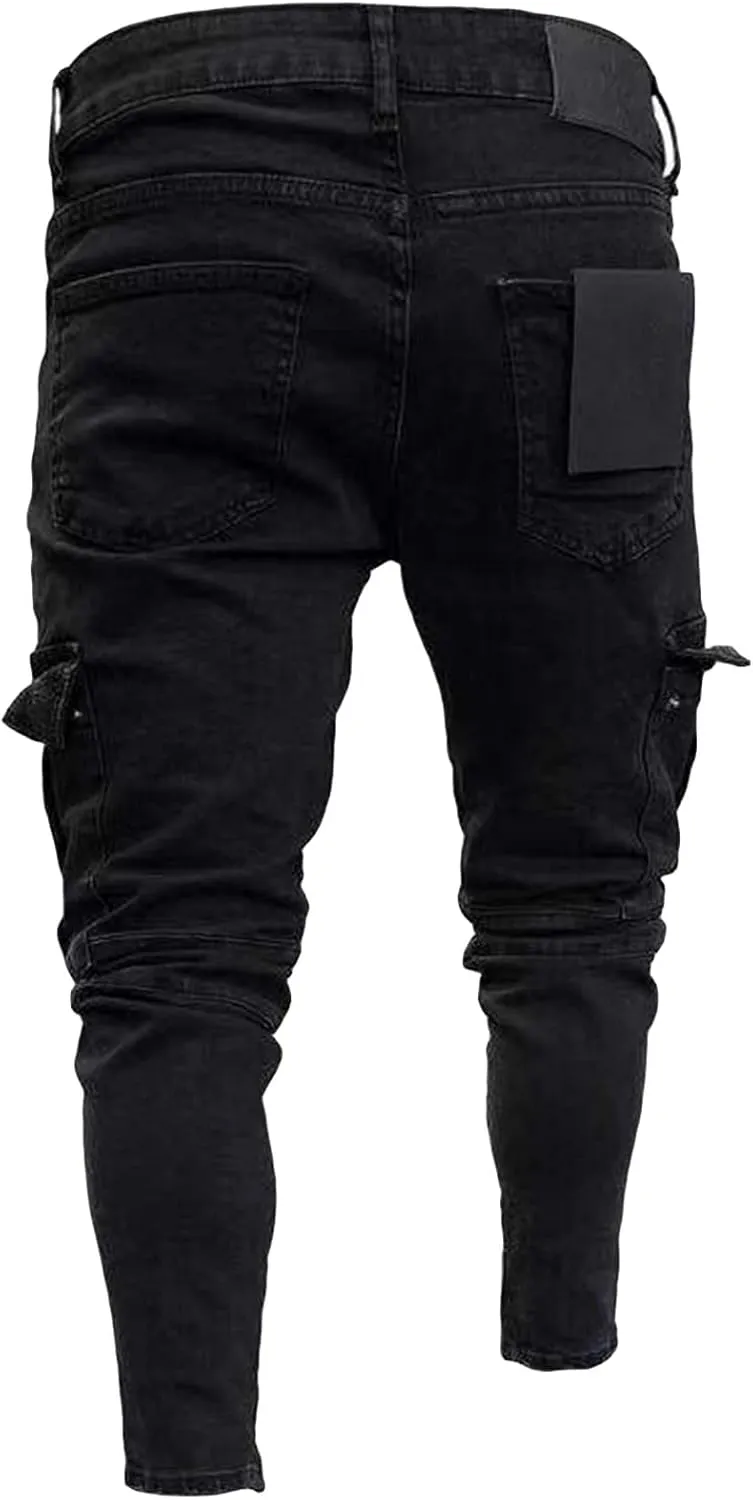 Maiyifu-GJ Men's Distressed Moto Biker Jeans Ripped Punk Gothic Zipper Denim Pants Hip hop Tapered Leg Slim Fit Jean