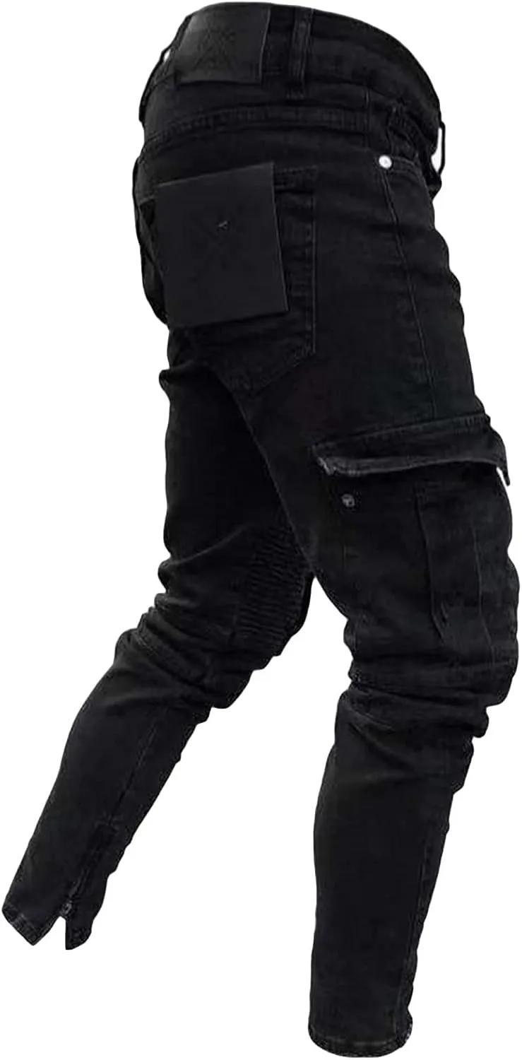 Maiyifu-GJ Men's Distressed Moto Biker Jeans Ripped Punk Gothic Zipper Denim Pants Hip hop Tapered Leg Slim Fit Jean