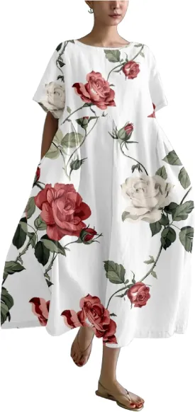 MARSVOVO 2024 Summer Boho Floral Dresses Vintage Plus Size Crew Neck Casual Short Sleeve Loose Flowy Maxi Dress Women