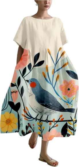 MARSVOVO 2024 Summer Boho Floral Dresses Vintage Plus Size Crew Neck Casual Short Sleeve Loose Flowy Maxi Dress Women