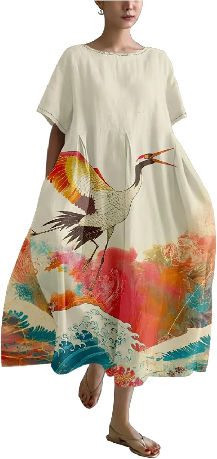 MARSVOVO Novelty Japanese Art Style Print Dress for Women Plus Size Short Sleeve Crewneck A-line Women Dress