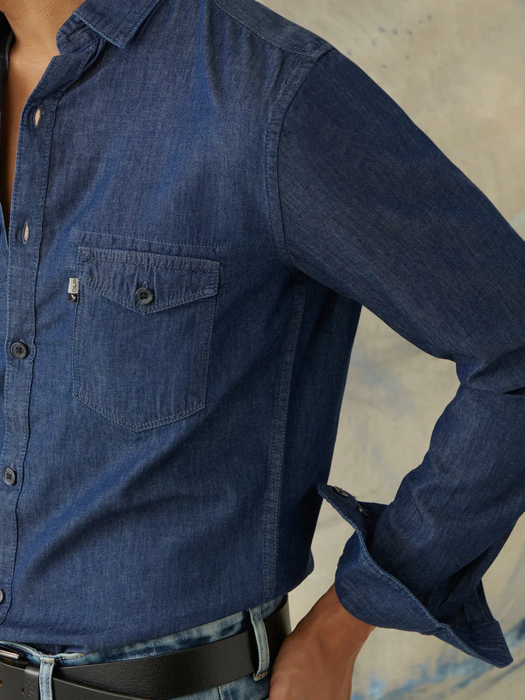 Medium Blue Plain Denim Shirt