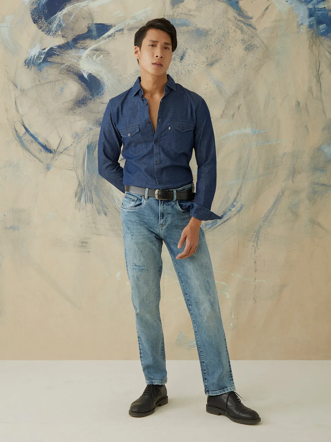 Medium Blue Plain Denim Shirt