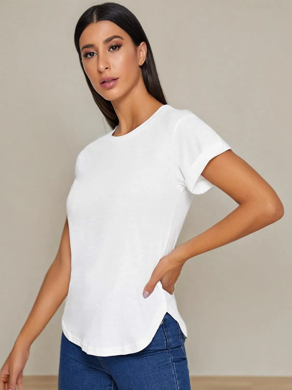 Milumia Women's Basic T Shirt Round Neck Short Sleeve Rolled Cuff Curved Hem Casual Tunic Tops
