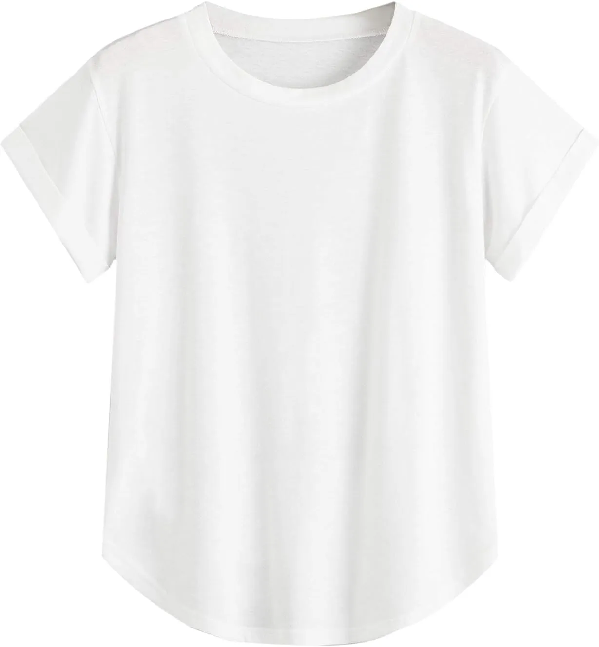 Milumia Women's Basic T Shirt Round Neck Short Sleeve Rolled Cuff Curved Hem Casual Tunic Tops