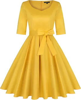 MINTLIMIT Women's Vintage 1950s Sweetheart Neck Cocktail Dress Retro 3/4 Sleeve Rockabilly Prom Dresses with Belt and Pockets