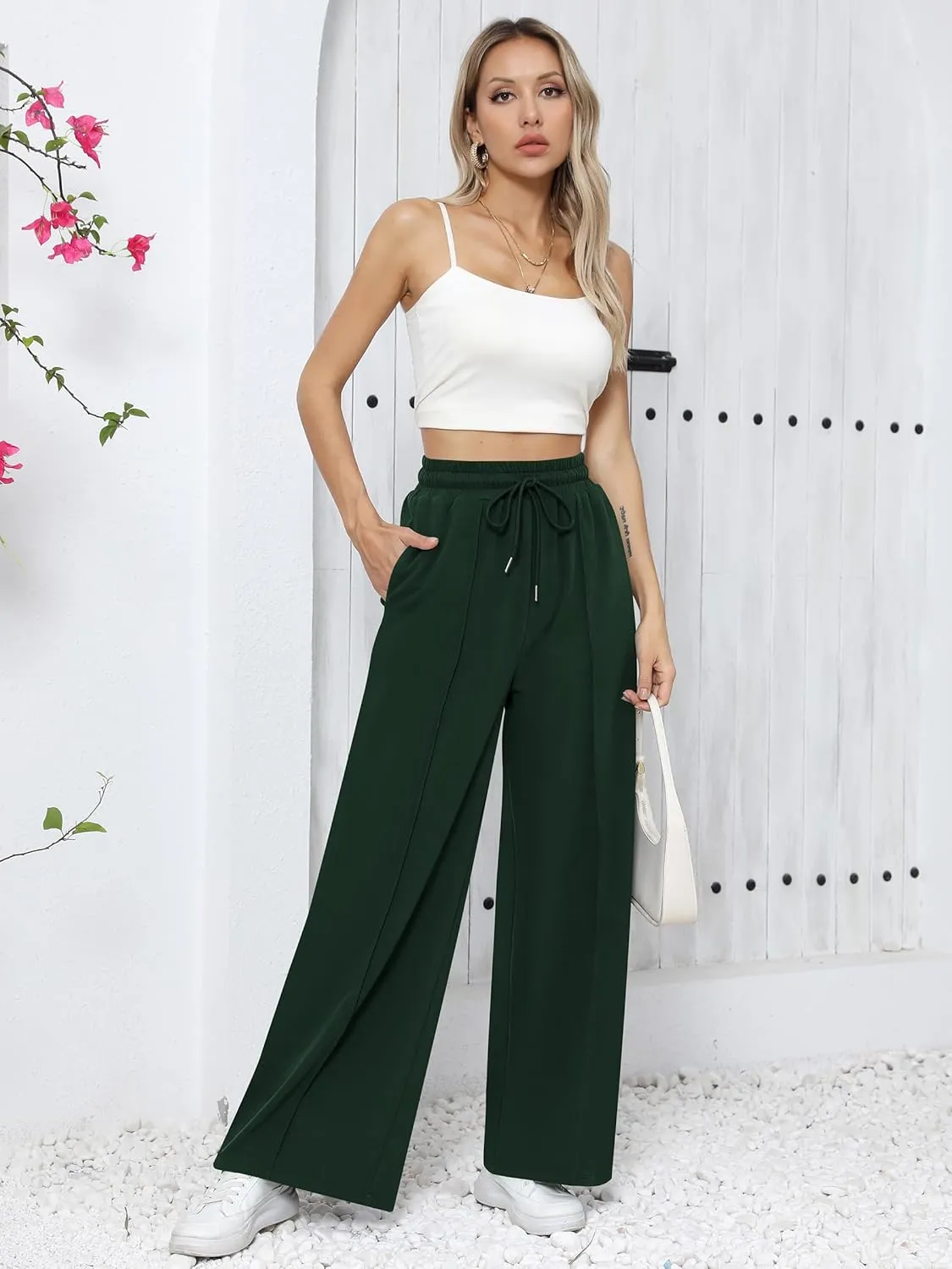 Missufe Women's Elastic High Waist Wide Leg Loose Casual Pants Joggers Workout Lounge Sweatpants with Pockets