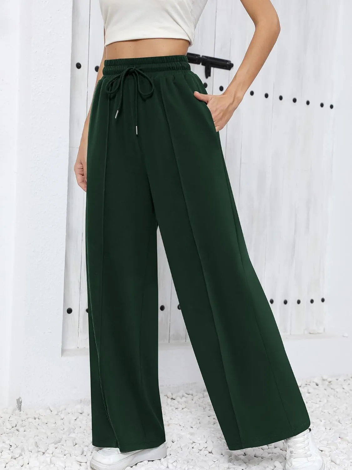 Missufe Women's Elastic High Waist Wide Leg Loose Casual Pants Joggers Workout Lounge Sweatpants with Pockets