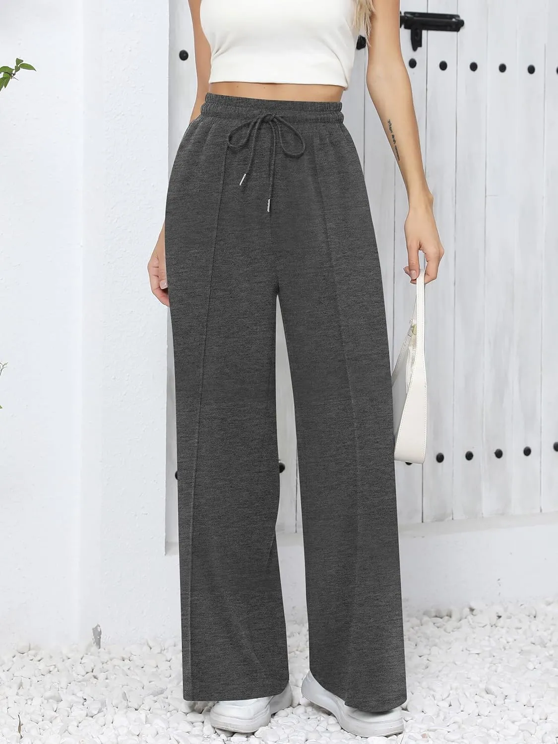 Missufe Women's Elastic High Waist Wide Leg Loose Casual Pants Joggers Workout Lounge Sweatpants with Pockets