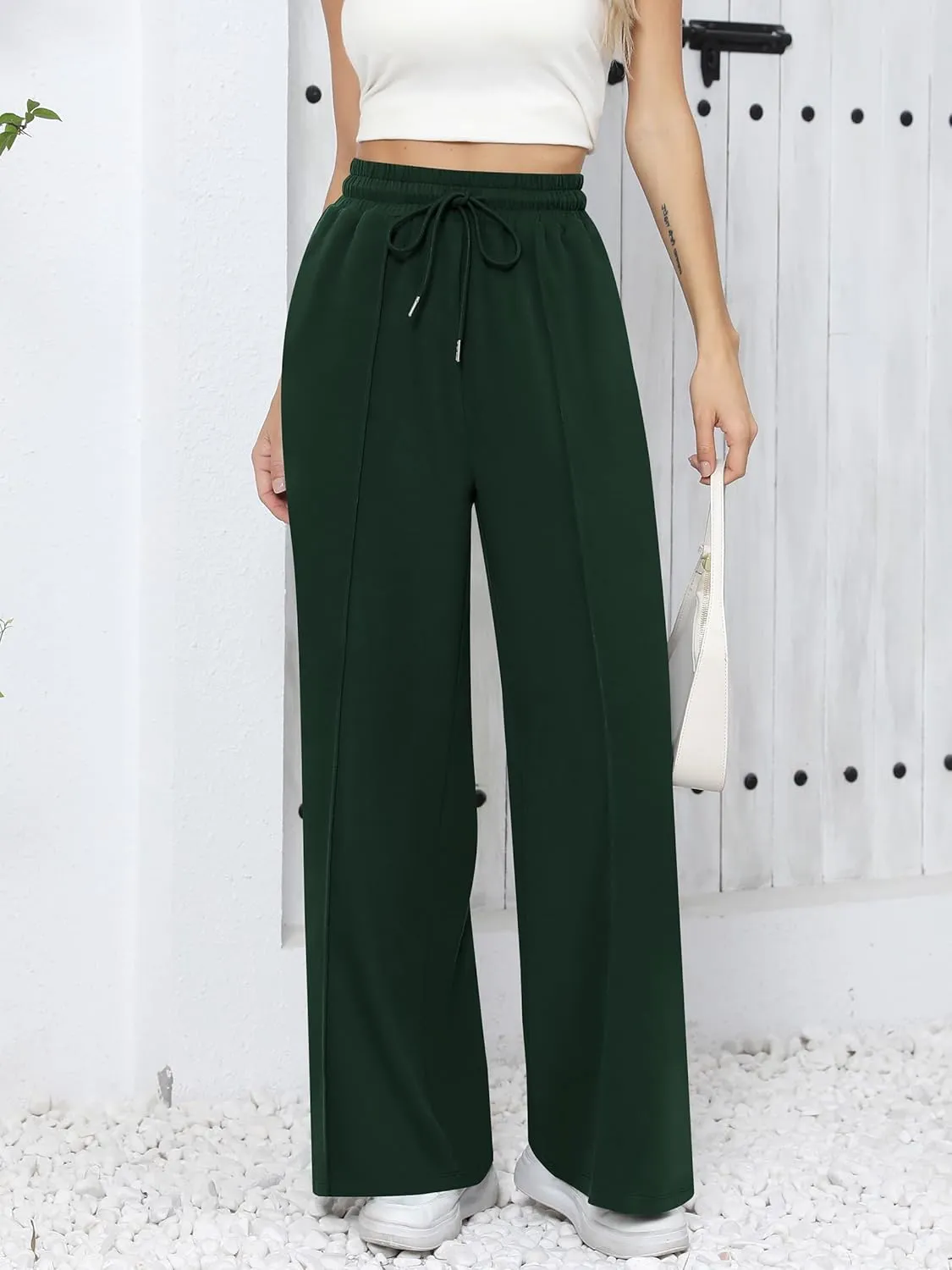 Missufe Women's Elastic High Waist Wide Leg Loose Casual Pants Joggers Workout Lounge Sweatpants with Pockets