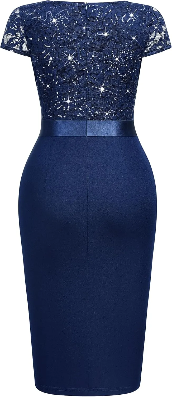 Miusol Women's Elegant Square Neck Glitter Sequin Lace Cocktail Dress