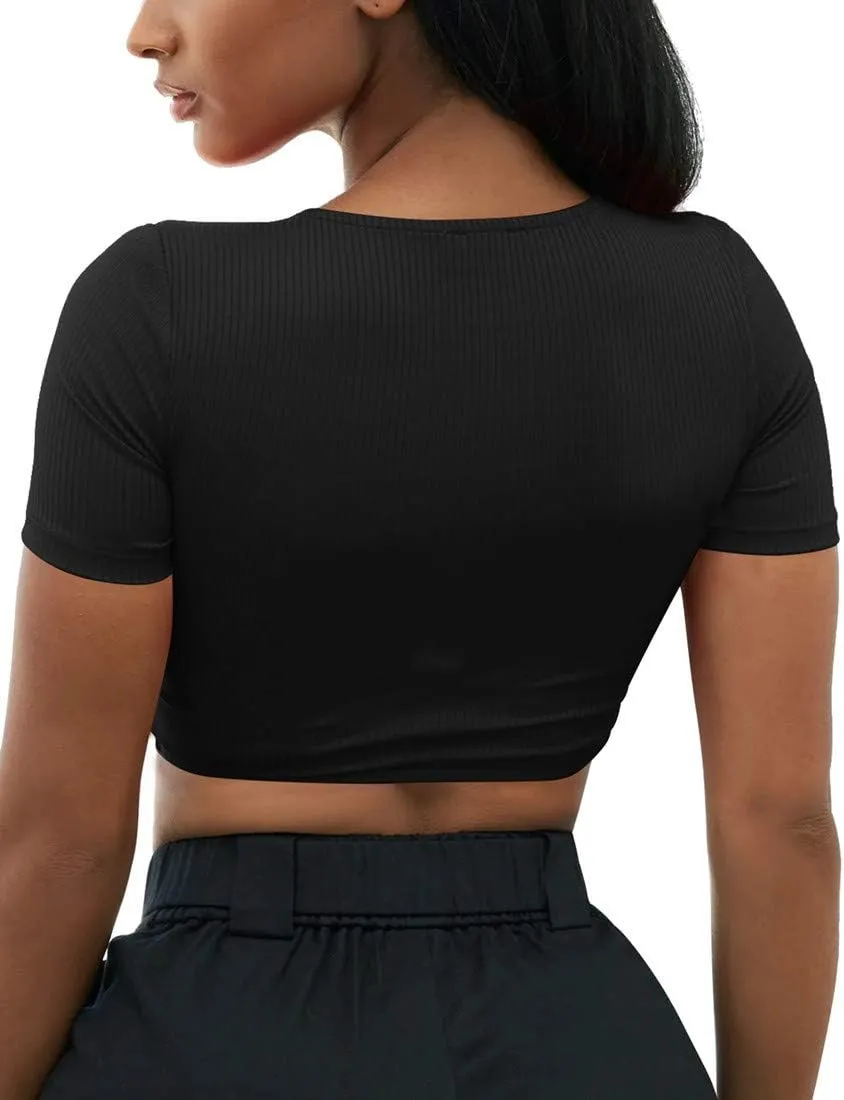 Mizoci Women's Sexy Knot Front Crop Top Deep V Neck Short Sleeve Basic Casual T Shirt