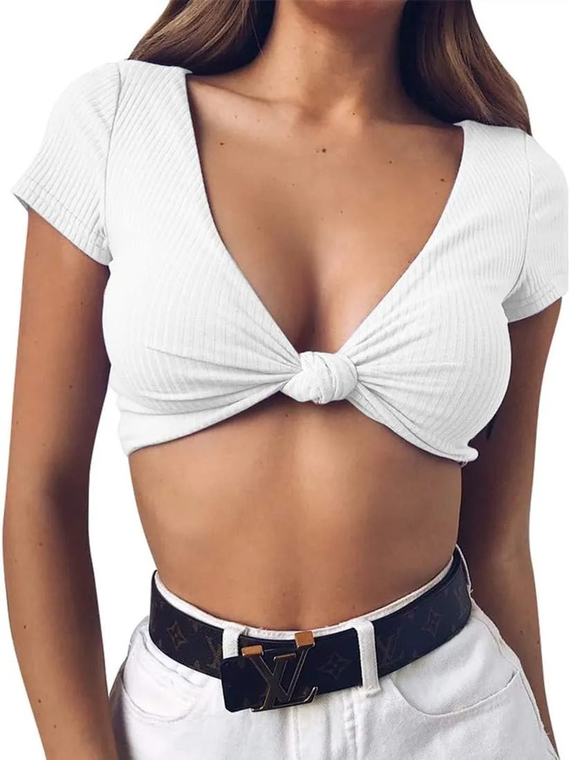 Mizoci Women's Sexy Knot Front Crop Top Deep V Neck Short Sleeve Basic Casual T Shirt