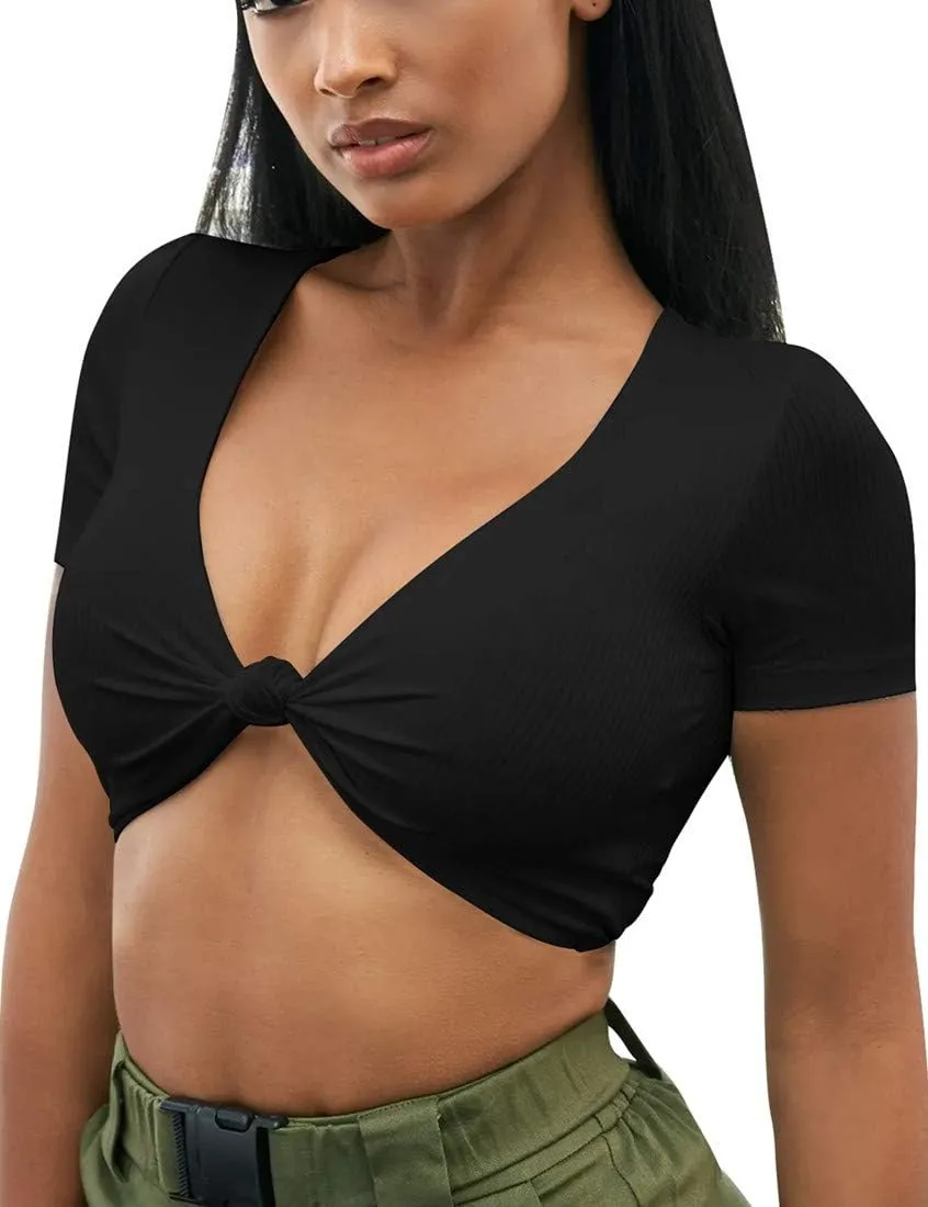 Mizoci Women's Sexy Knot Front Crop Top Deep V Neck Short Sleeve Basic Casual T Shirt