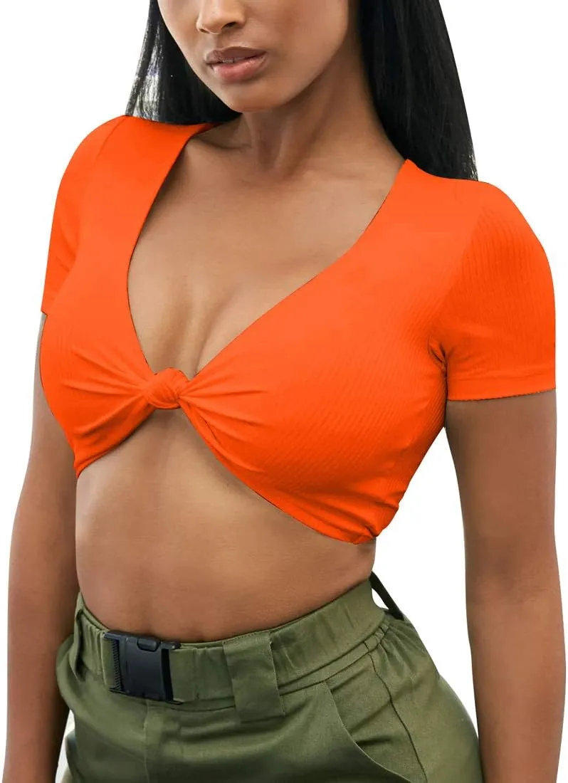 Mizoci Women's Sexy Knot Front Crop Top Deep V Neck Short Sleeve Basic Casual T Shirt