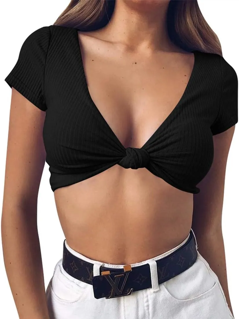 Mizoci Women's Sexy Knot Front Crop Top Deep V Neck Short Sleeve Basic Casual T Shirt