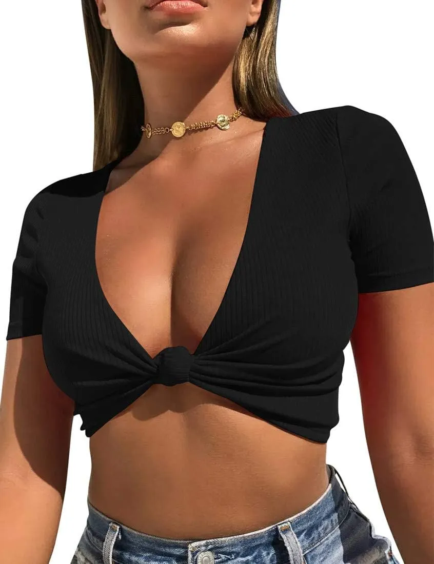 Mizoci Women's Sexy Knot Front Crop Top Deep V Neck Short Sleeve Basic Casual T Shirt