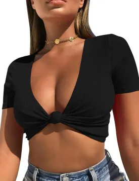 Mizoci Women's Sexy Knot Front Crop Top Deep V Neck Short Sleeve Basic Casual T Shirt