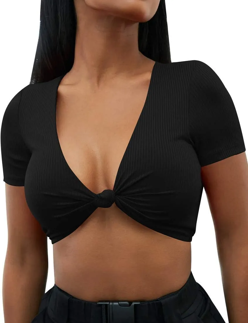 Mizoci Women's Sexy Knot Front Crop Top Deep V Neck Short Sleeve Basic Casual T Shirt