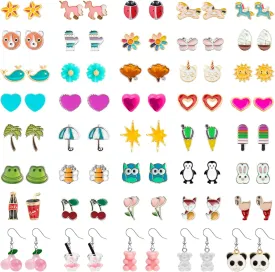NEWITIN 20/40/60/80 Pairs Colorful Cute Earrings for Girls Sensitive Ears Hypoallergenic Girl Stud Earrings Set Stainless Steel Cartoon Stud for Girls and Women