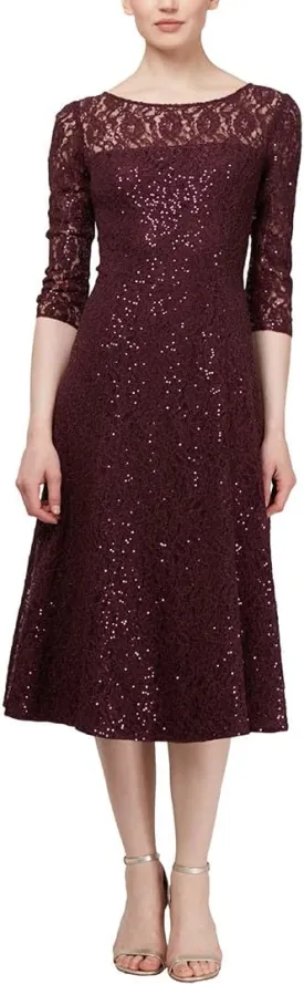 S.L. Fashions Women's Tea Length Three Quarter Sleeve Sequin Lace Dress