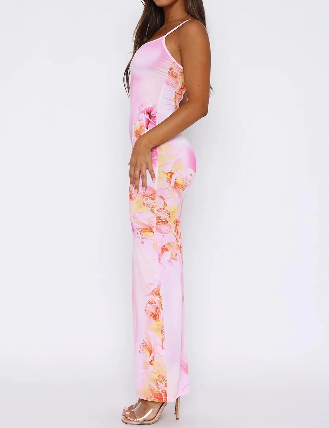 Sleeveless Floral Maxi Dress for Women Spaghetti Strap Backless Long Bodycon Dress Summer Beach Sundress
