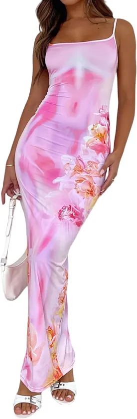 Sleeveless Floral Maxi Dress for Women Spaghetti Strap Backless Long Bodycon Dress Summer Beach Sundress