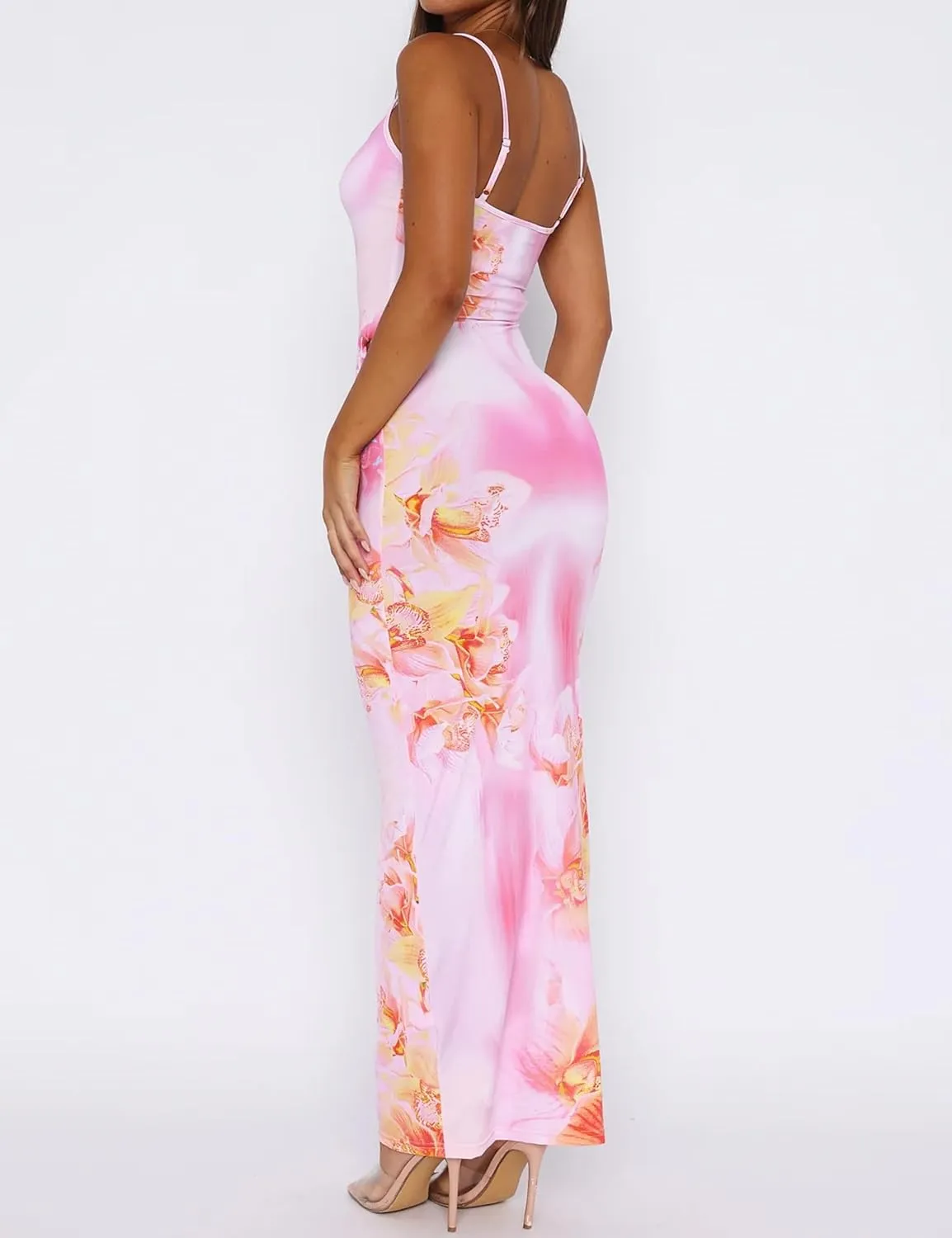 Sleeveless Floral Maxi Dress for Women Spaghetti Strap Backless Long Bodycon Dress Summer Beach Sundress