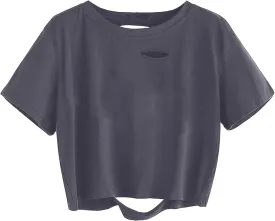 SOFIA'S CHOICE Women's Summer Casual Short Sleeve Tops Distressed Ripped Crop Top T Shirt