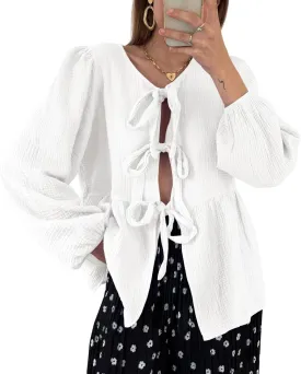 Tankaneo Womens Bow Tie Front Tops Babydoll Puff Long Sleeve Blouse Y2k Cotton Shirt