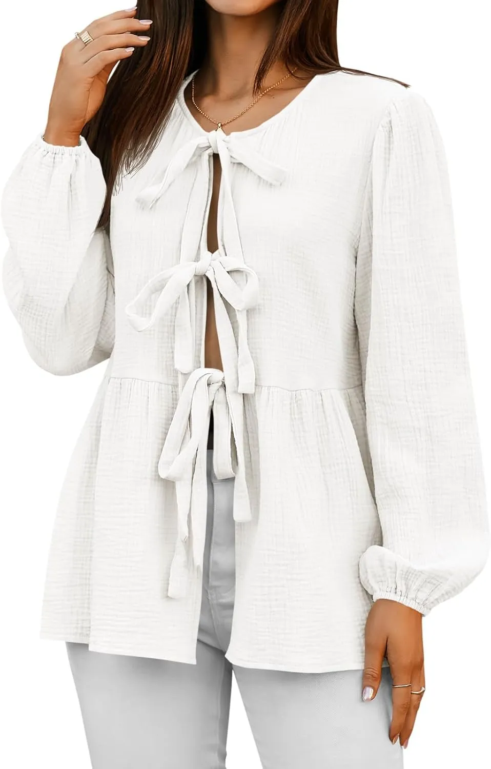 Tankaneo Womens Bow Tie Front Tops Babydoll Puff Long Sleeve Blouse Y2k Cotton Shirt