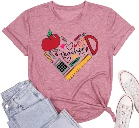 Teacher Shirts for Women Funny Heart Graphic Teaching Life Tshirt Teacher Day Gift Tops Tee Back to School