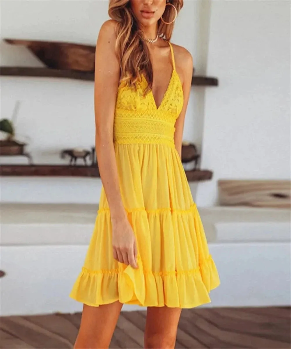 V Neck Lace Mini Dress