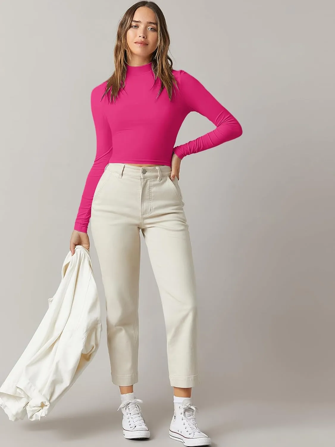 Verdusa Women's Basic Mock Neck Long Sleeve Fitted Crop T Shirt Top