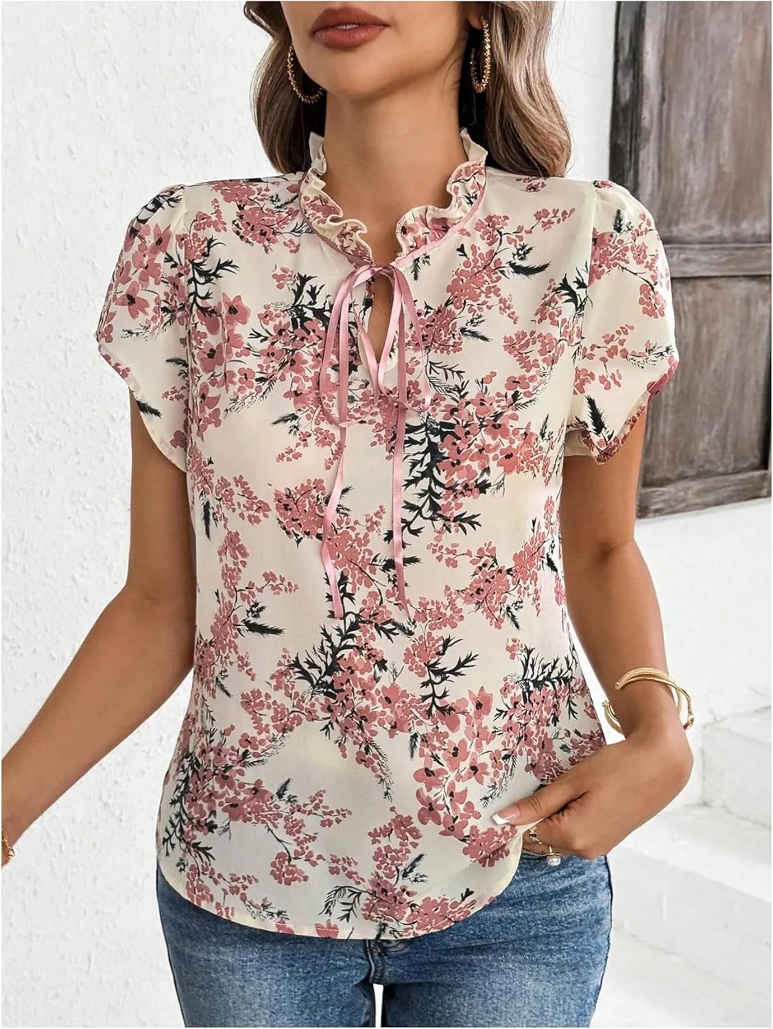 Verdusa Women's Boho Floral Bow Tie Neck Blouse Short Sleeve Ruffle Summer Tops