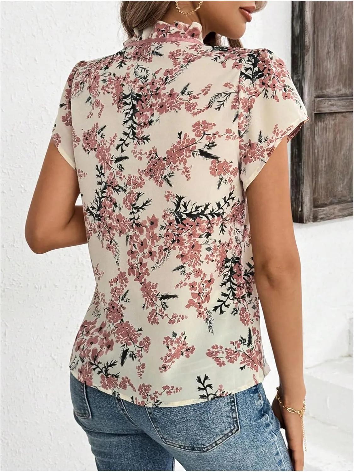 Verdusa Women's Boho Floral Bow Tie Neck Blouse Short Sleeve Ruffle Summer Tops