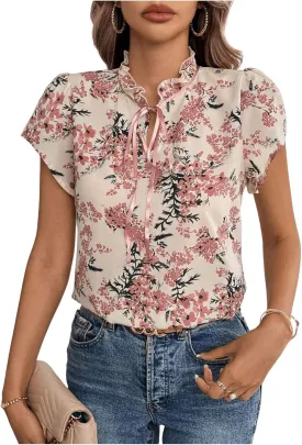 Verdusa Women's Boho Floral Bow Tie Neck Blouse Short Sleeve Ruffle Summer Tops