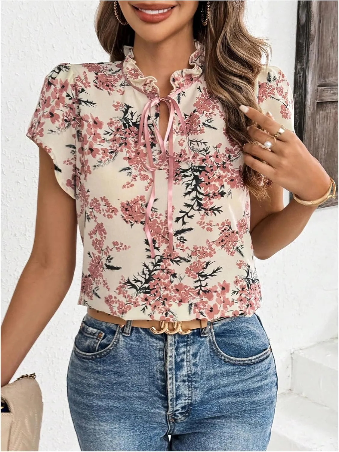Verdusa Women's Boho Floral Bow Tie Neck Blouse Short Sleeve Ruffle Summer Tops