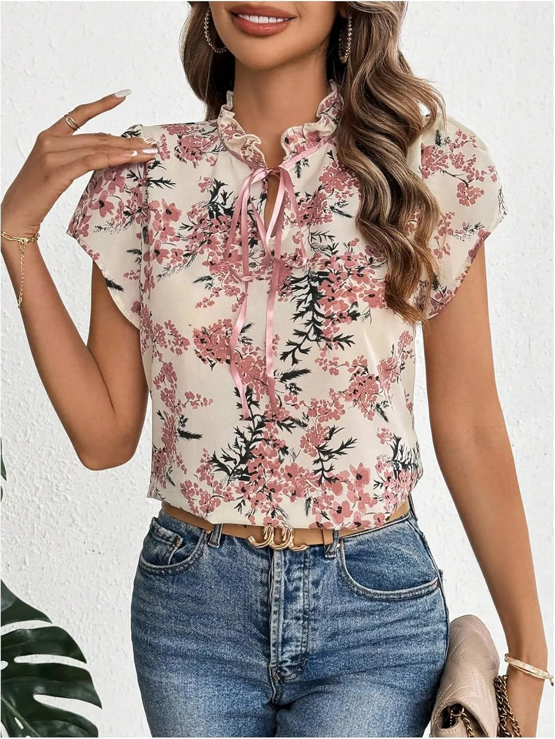 Verdusa Women's Boho Floral Bow Tie Neck Blouse Short Sleeve Ruffle Summer Tops