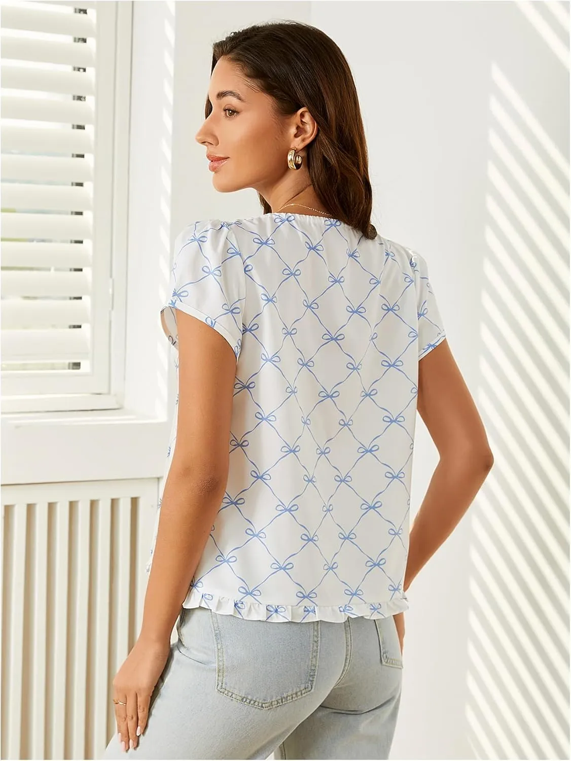 Verdusa Women's Cute Bow Tie Neck Blouse Button Down Short Sleeve Going Out Tops