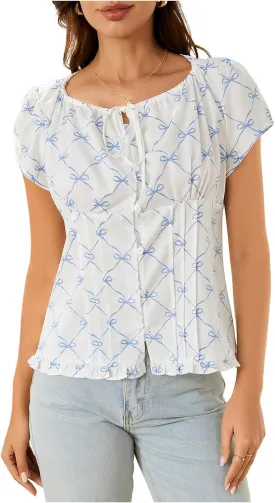 Verdusa Women's Cute Bow Tie Neck Blouse Button Down Short Sleeve Going Out Tops