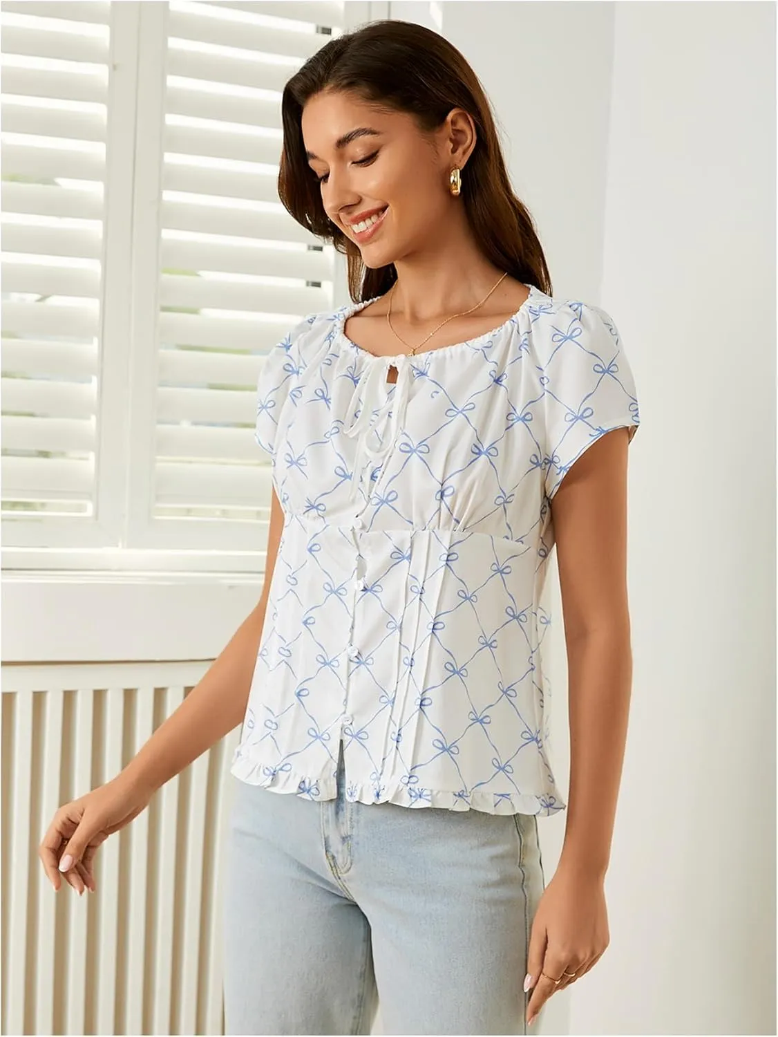 Verdusa Women's Cute Bow Tie Neck Blouse Button Down Short Sleeve Going Out Tops