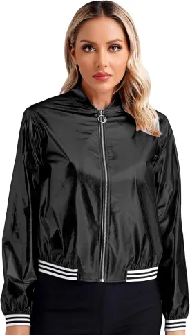 Vxuxlje Women's Metallic Long Sleeve Baseball Bomber Jacket Shiny Holographic Zipper Jacket Coats