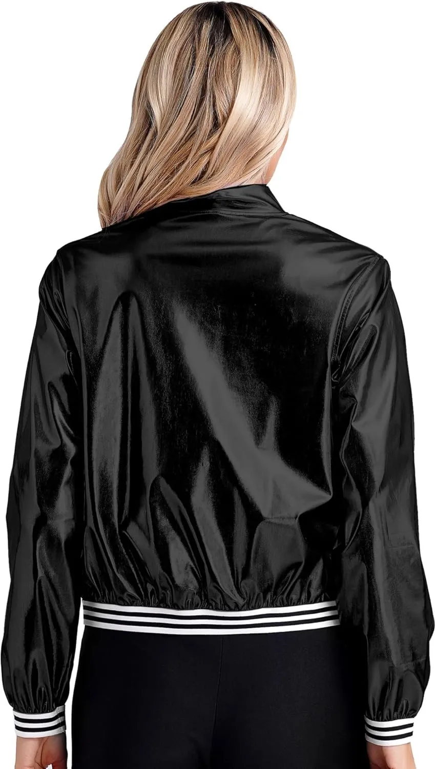 Vxuxlje Women's Metallic Long Sleeve Baseball Bomber Jacket Shiny Holographic Zipper Jacket Coats