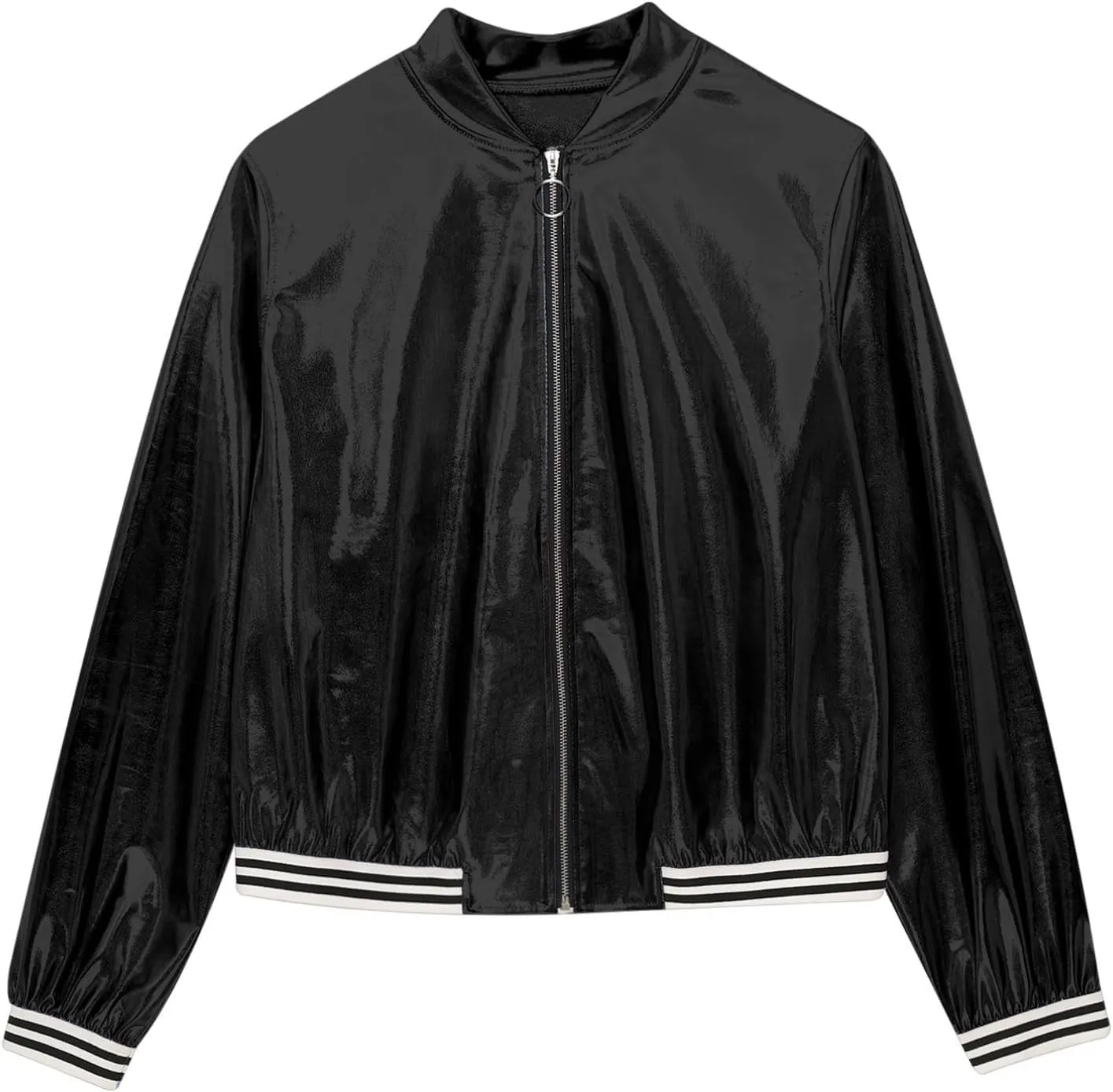Vxuxlje Women's Metallic Long Sleeve Baseball Bomber Jacket Shiny Holographic Zipper Jacket Coats